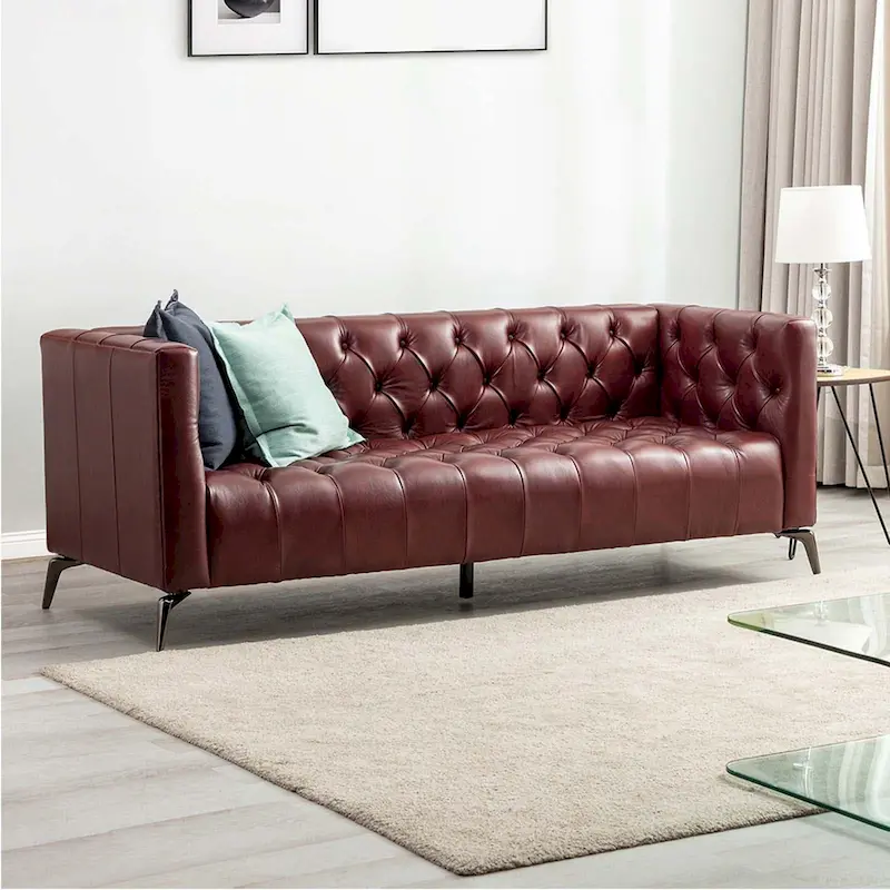 Transitional Genuine Leather Sofa with Metal Legs and Tufted Back