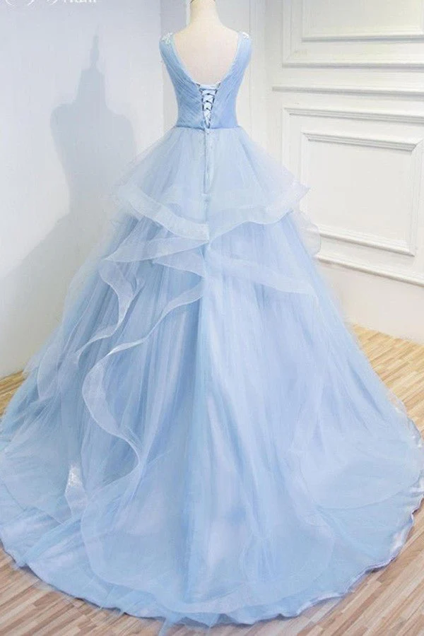 Sky Blue Organza V Neck Ruffles Appliques Prom Dresses