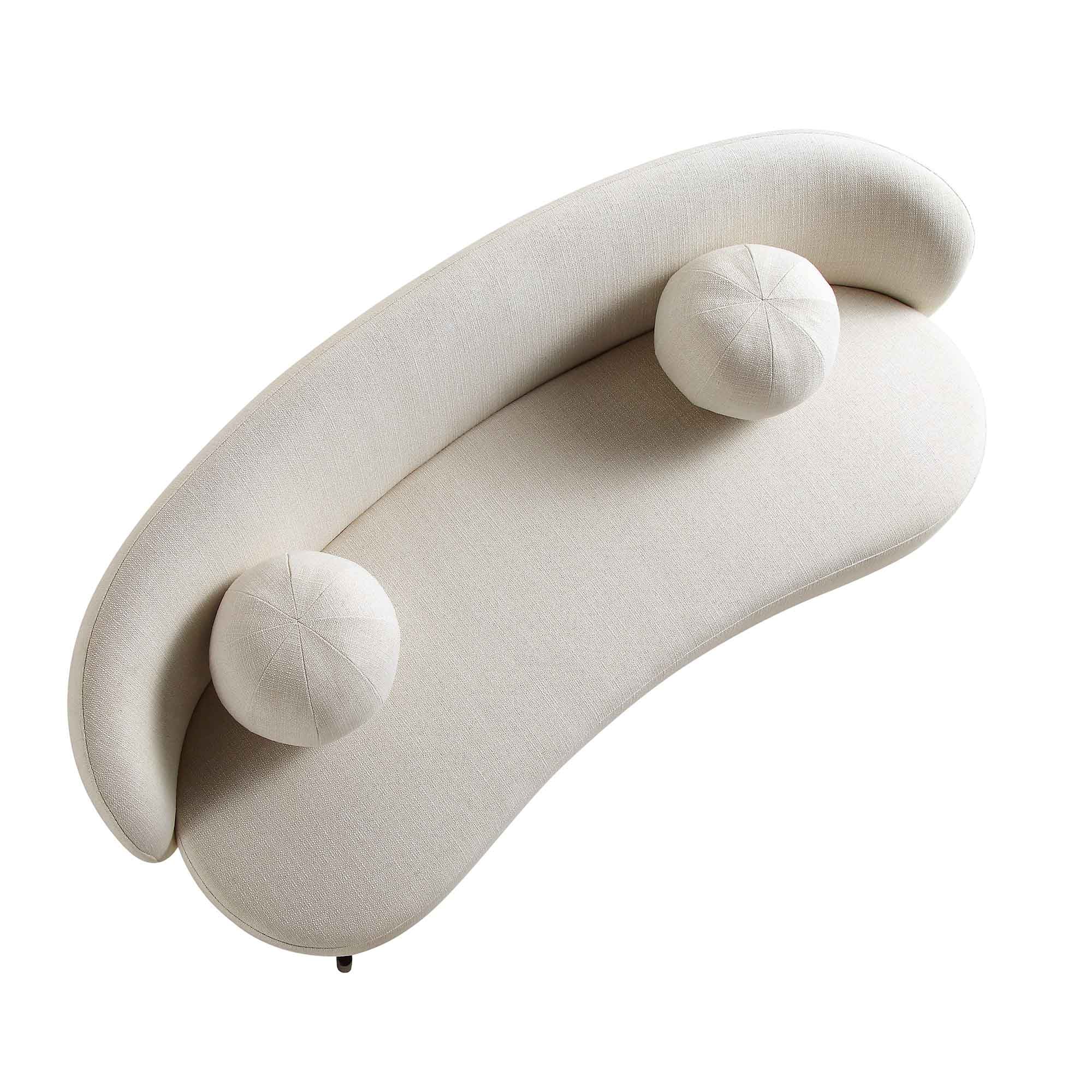 3-Seater Curved Sofa with Ball Cushions, Beige Linen Blend