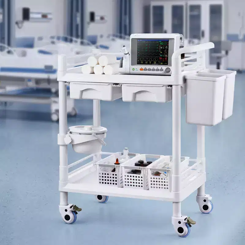 VEVOR 2 Tiers Lab Carts, Lab Utility Cart with 2 Trays, 2 Drawers & 4 Silent Wheels, Mobile Medical Cart with PP Material, Lab Rolling Cart