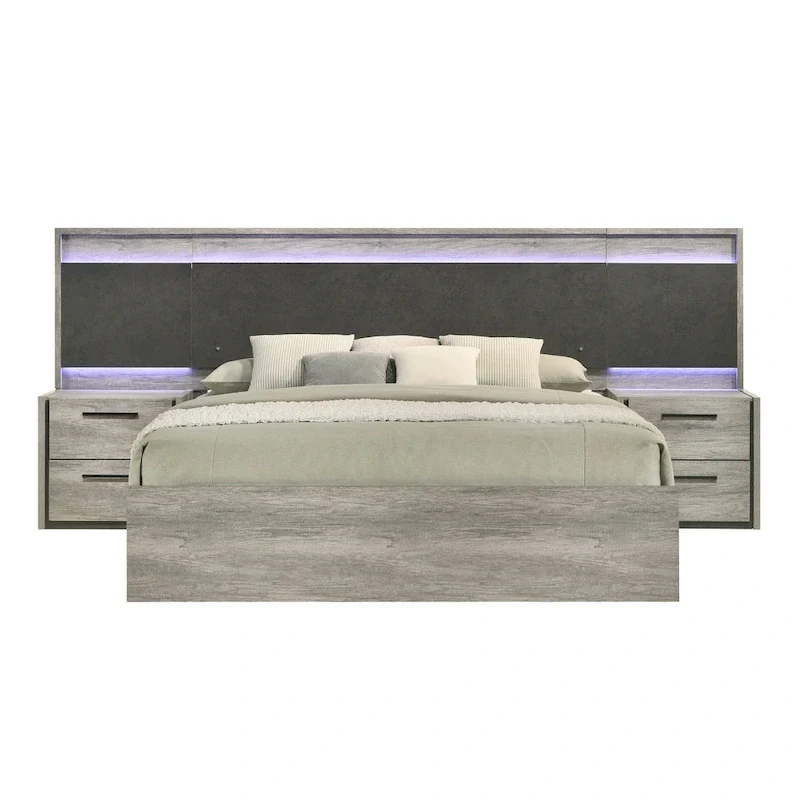 Roundhill Furniture Lenca LED Wallbed with Nightstands, Dresser, and Mirror - Weathered Gray