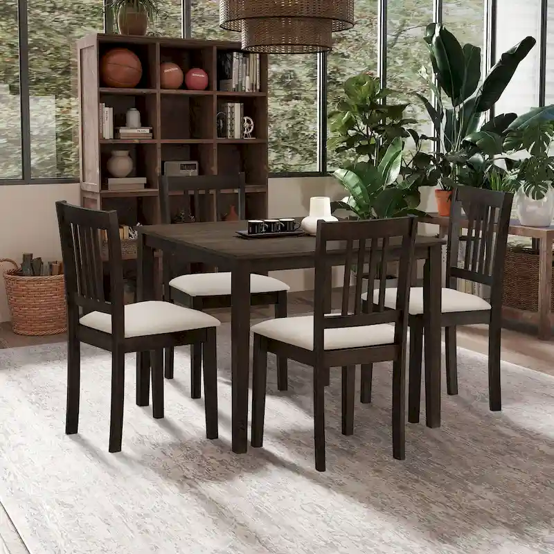 Modern 5-Piece Dining Set with Square Table & 4 Slat Back Upholstered Chairs