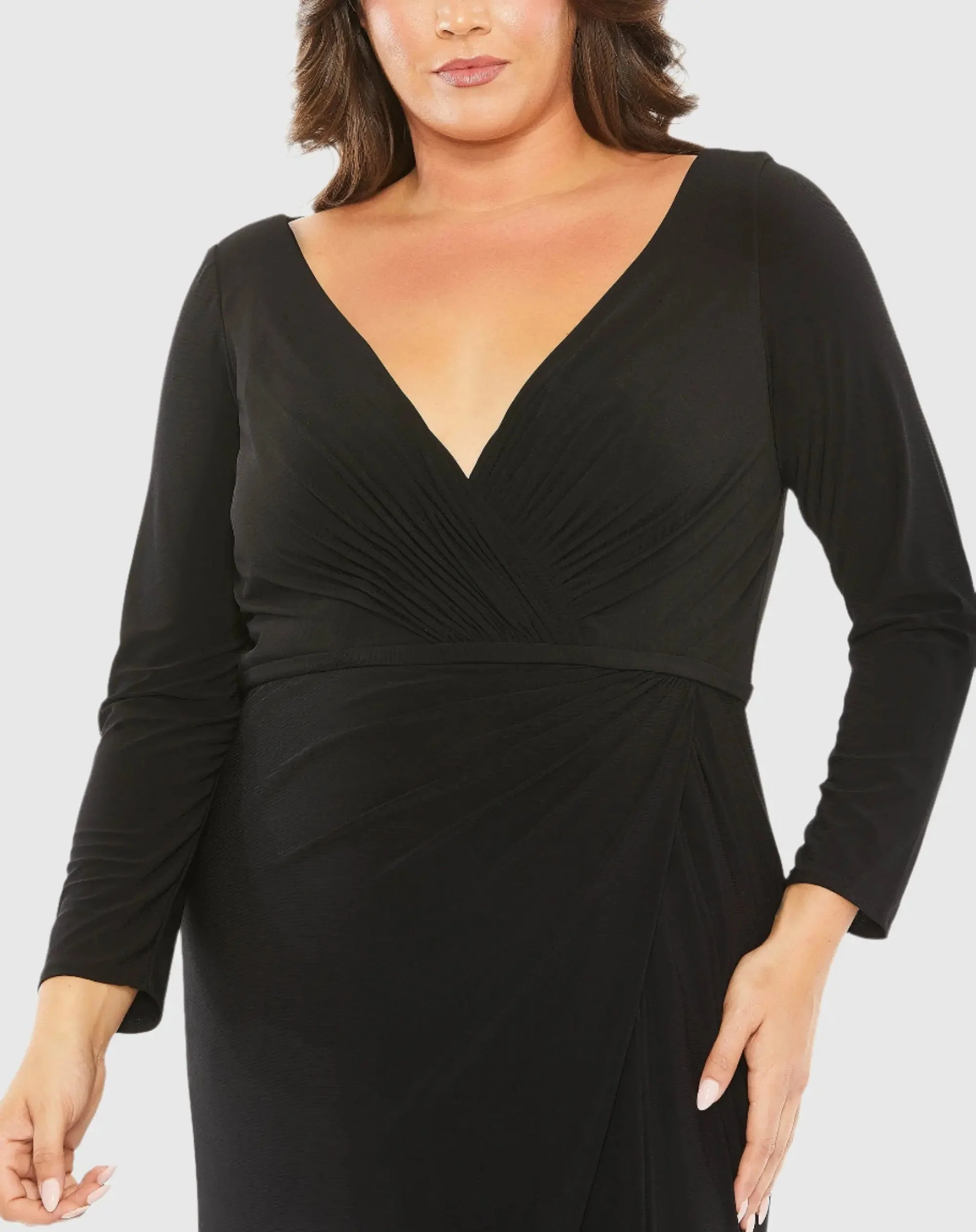 Black Long Sleeve V-Neck Faux Wrap Gown