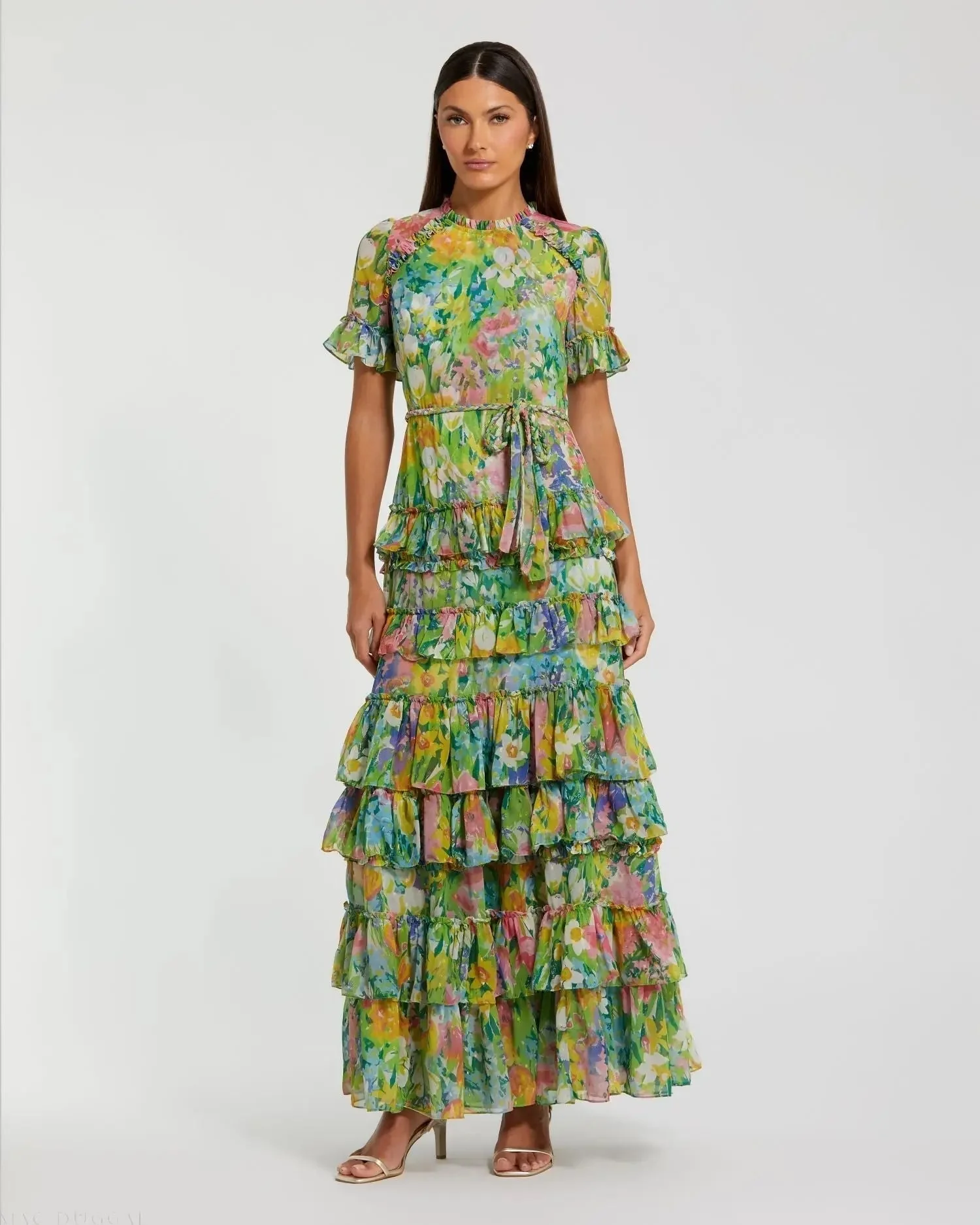 Green Ruffle Tiered Chiffon Floral Dress