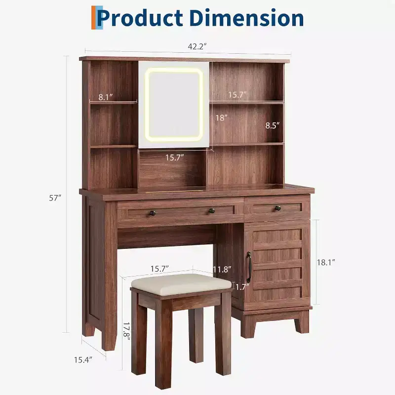 Makeup Vanity Desk, with Mirror and Lights, 42 Glass Top Vanity Table, Upholstered Stool, Drawers, Cabinet & Open Shelves, 2 Storage Drawers