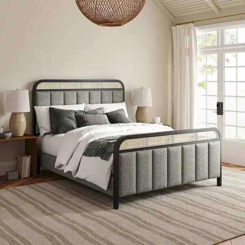 Alphons Modern Solid Wood Frame Ratten Bed with LED Headboard by HULALA HOME