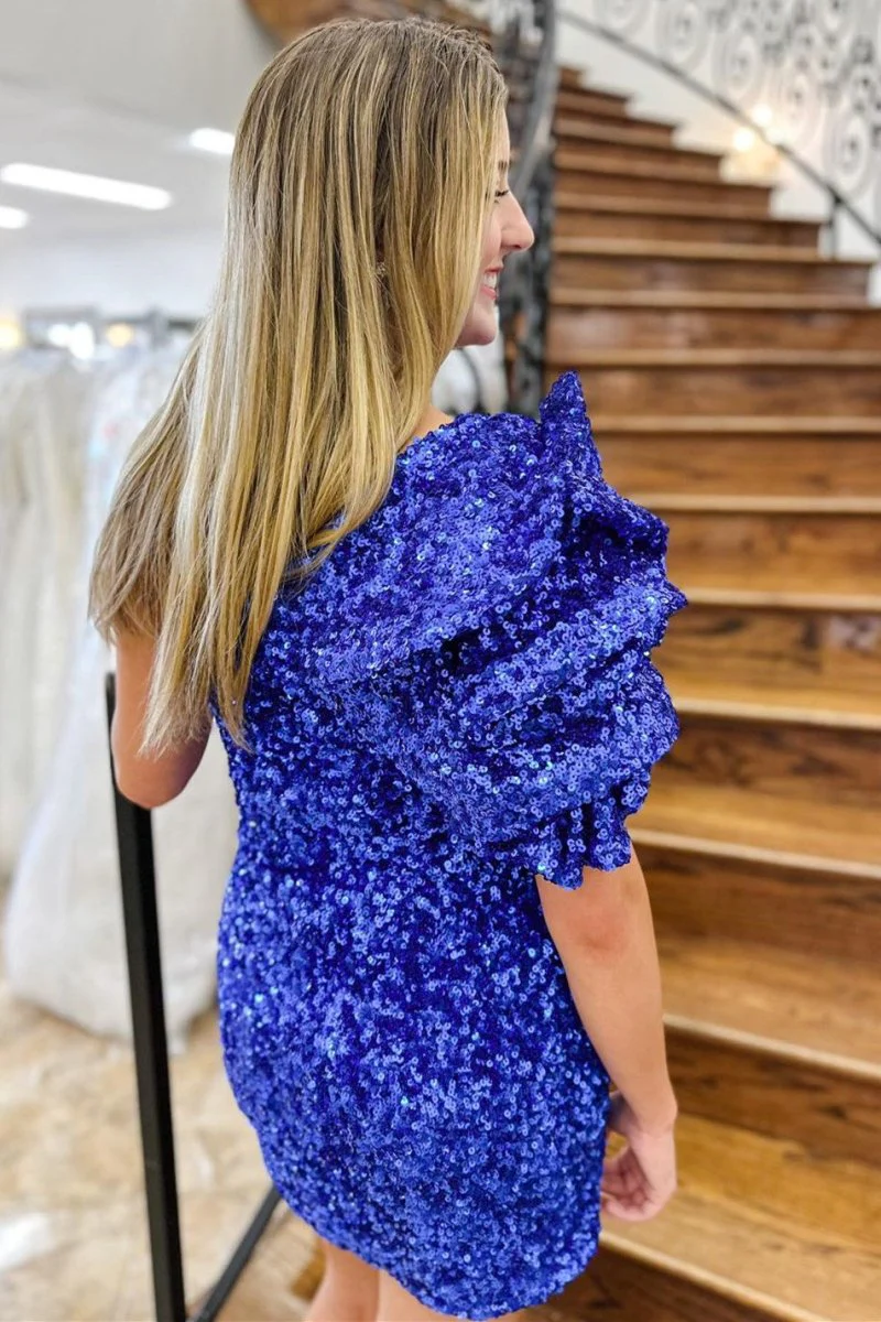 Sheath Royal Blue Sequin One-Shoulder Mini Party Dresses