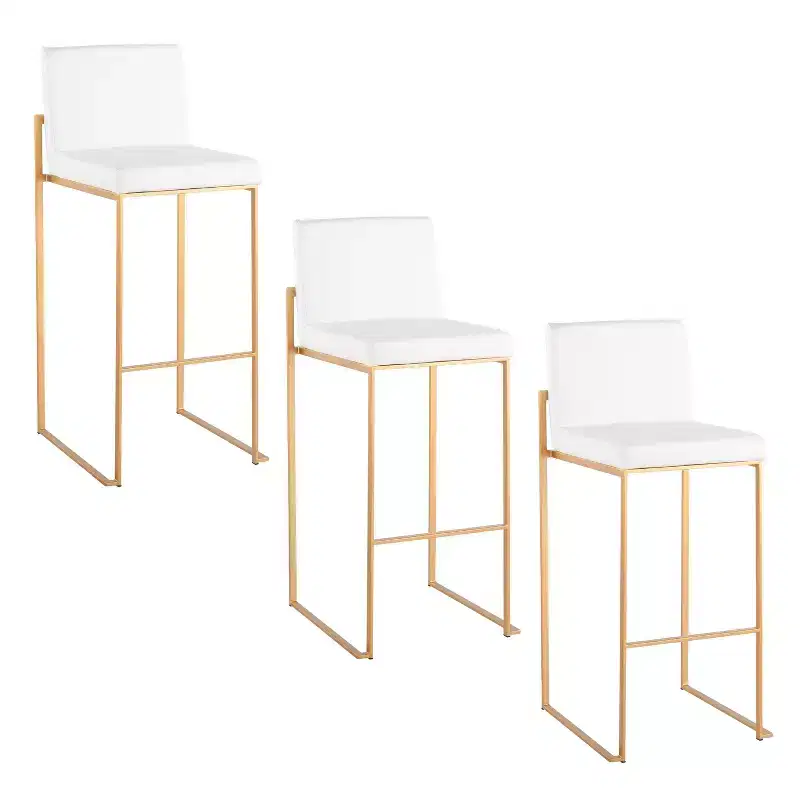 LumiSource Set of 3 Fuji High Back Barstools Gold Steel/White PU
