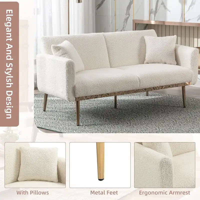 Teddy Fabric Upholstered Tufted Loveseats Sleeper Sofa With Rose Golden Legs