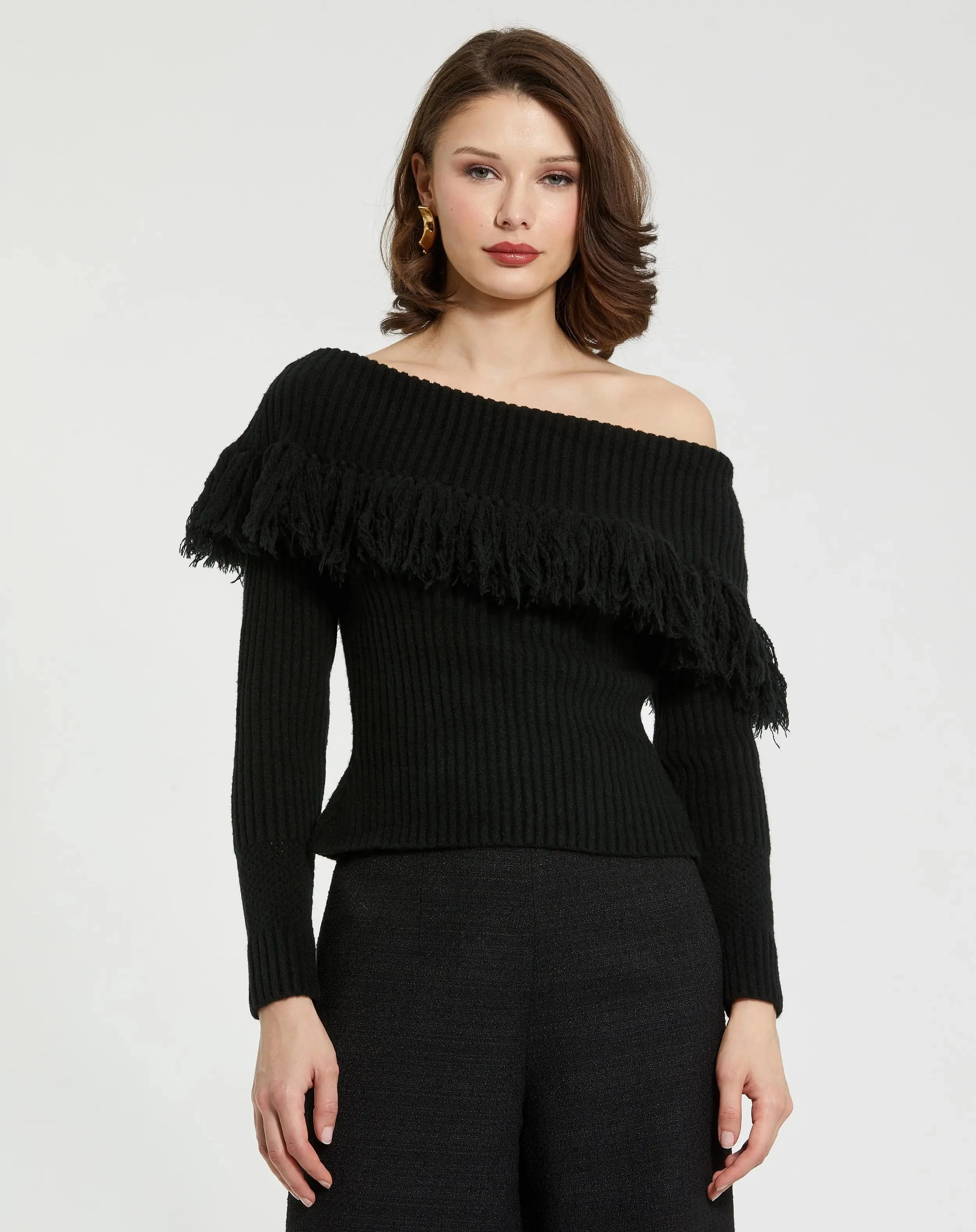 Black Off The Shoulder Fringe Knit Sweater
