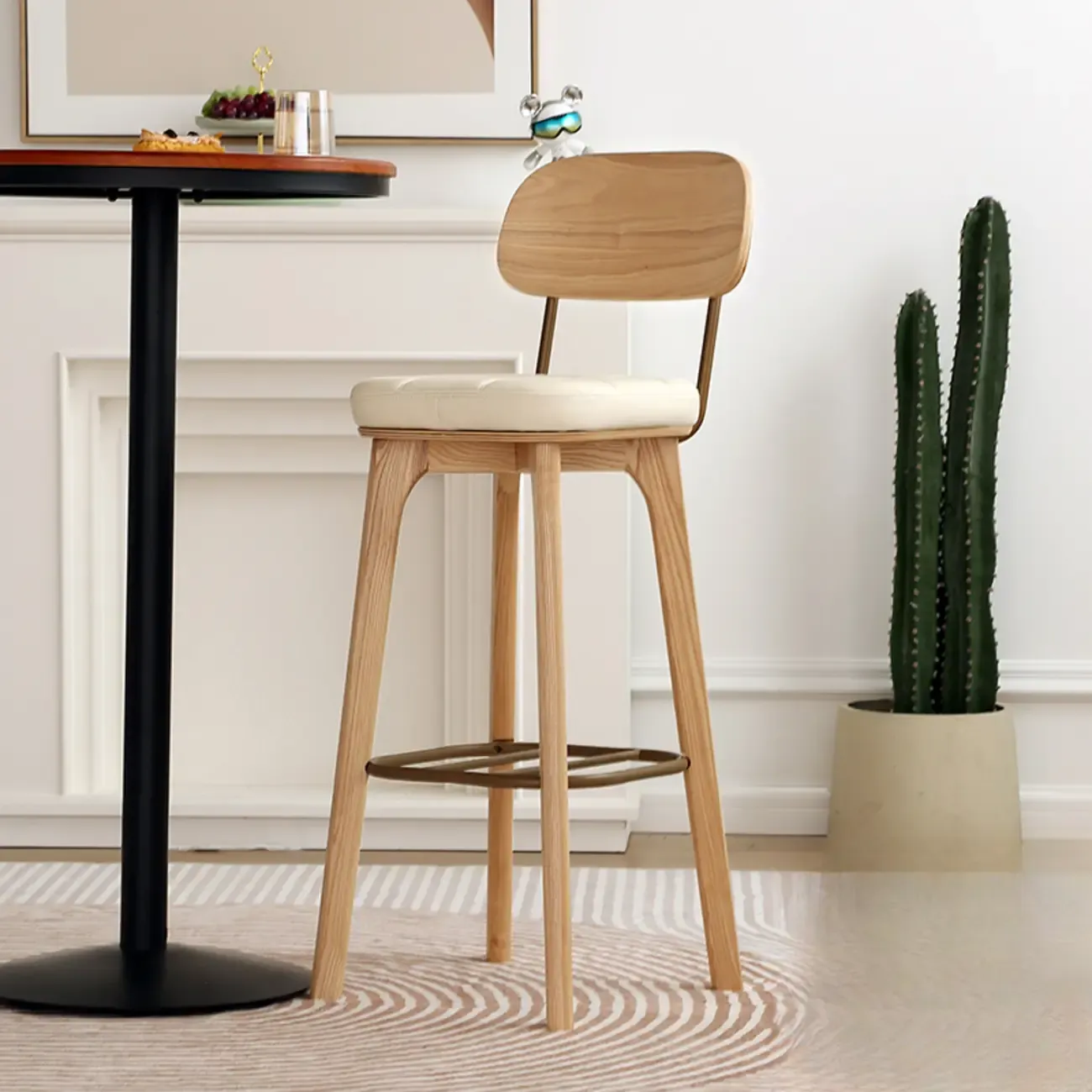 Wooden Square Leather Upholstered Bar Stool with Backrest