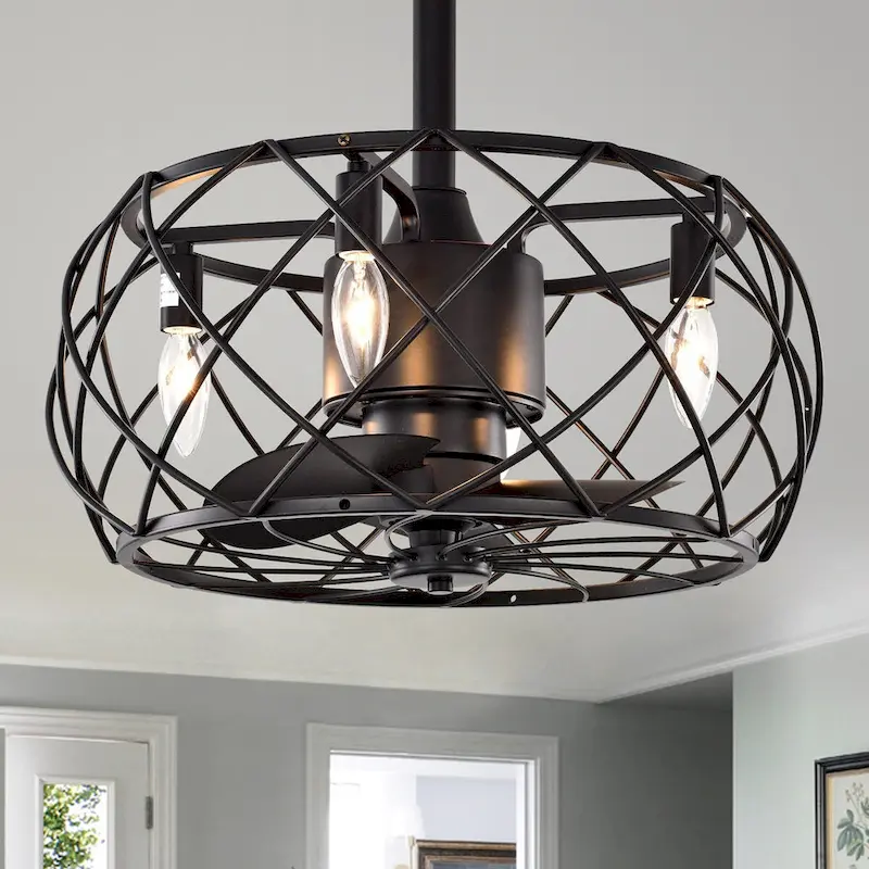 Matte Black 3-blade Ceiling Fan with Open Metal Frame (Includes Remote)