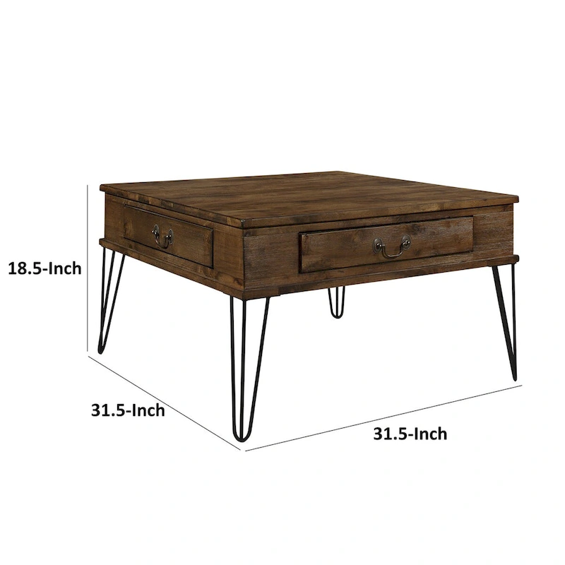 Itti 32 Inch Square Cocktail Coffee Table, 2 Drawers, Brown Wood, Black