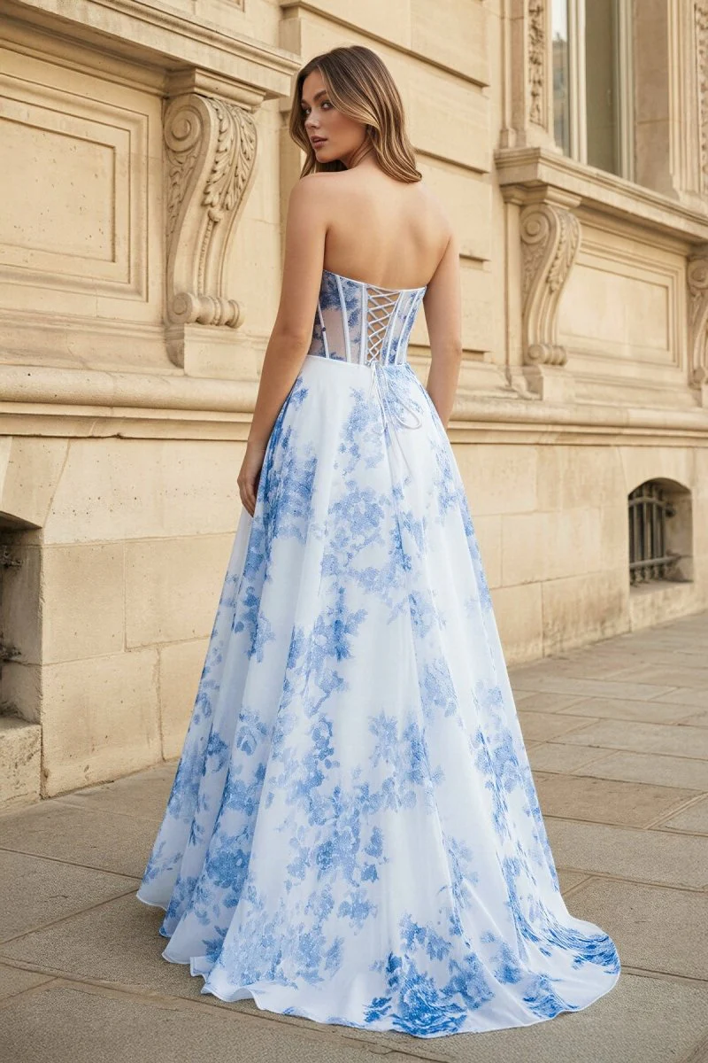 A-Line Strapless Blue Floral Print Long Prom Dresses
