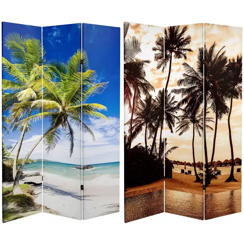 Oriental Furniture 6" Double Sided Sunset Palms Canvas Room Divider Blue: Freestanding, Foldable Partition, No Assembly Required