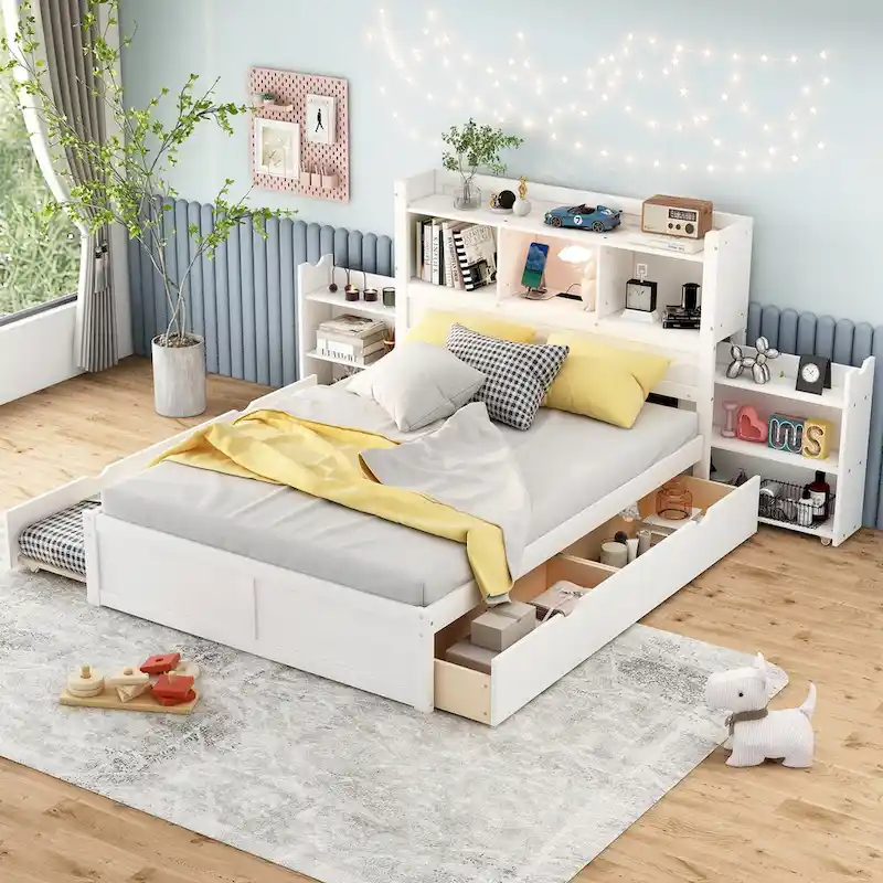 White/Espresso Full Storage Platform Bed with Trundle, 2 Drawers & Pull-Out Shelves