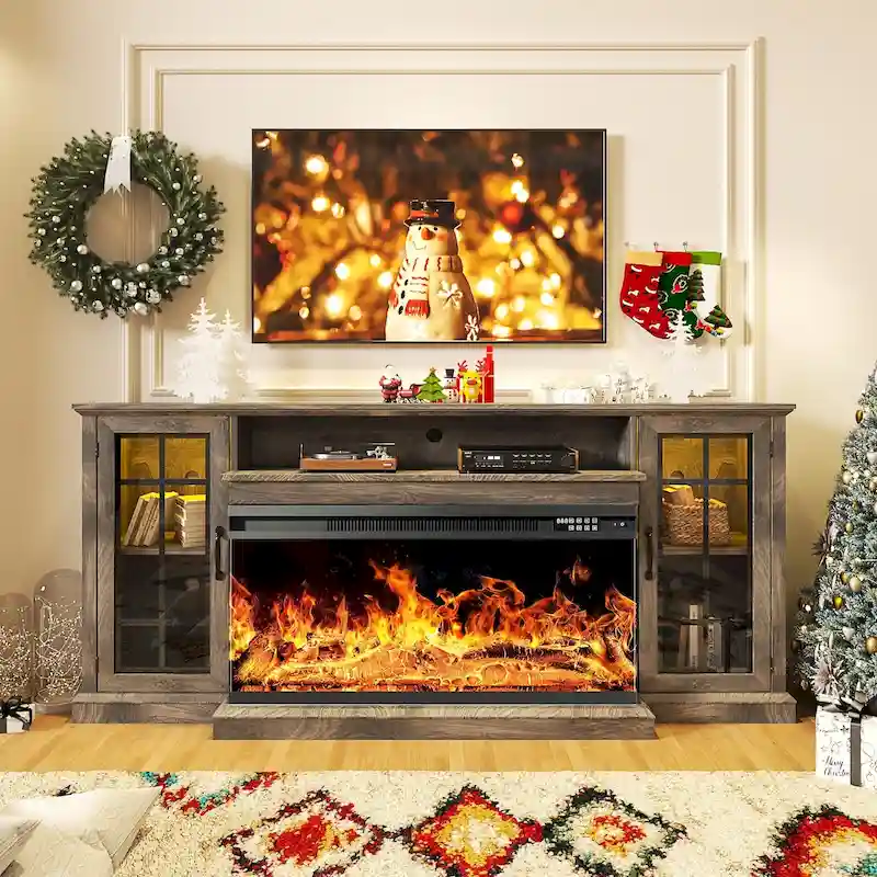 White Farmhouse 3-Sided Glass Electric Fireplace TV Stand for TVs up to 80