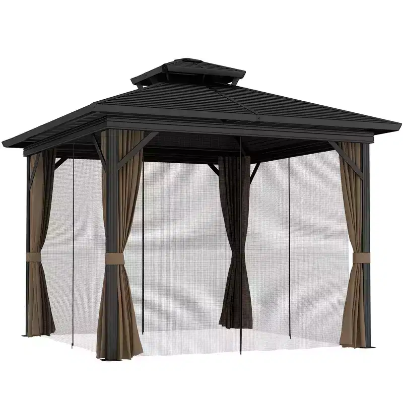 Outsunny Metal Hardtop Gazebo with Mesh Sidewalls & Curtains, Double Roof Pavilion for Patio, Backyard, Deck, Porch