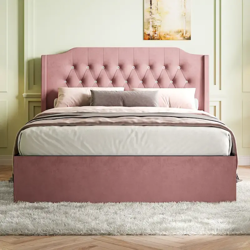 Pink/Black/Beige Velvet Wingback Platform Bed, Queen, 2-Person