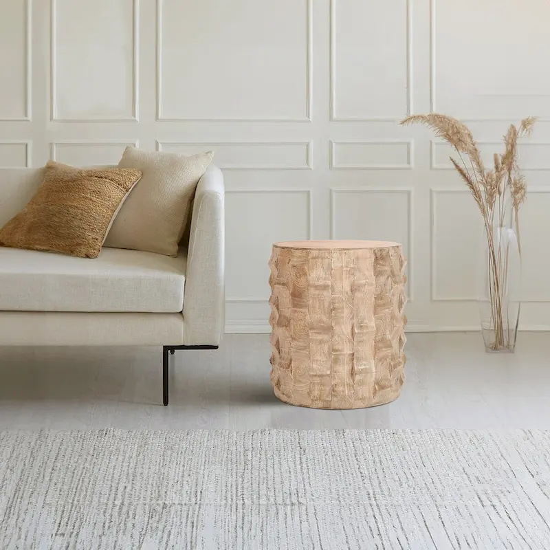 20 Inch Side End Table, Round Drum Shape with 3D Textured Design, Distressed White Finish