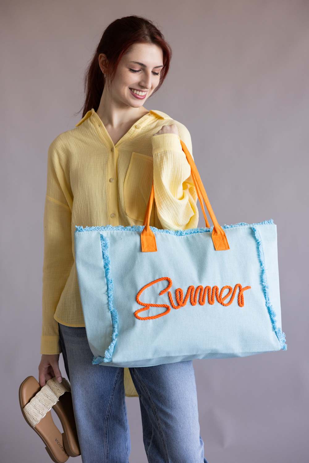 Summer Rope Canvas Tote Bag in Light Blue/Orange | TB0204-BL