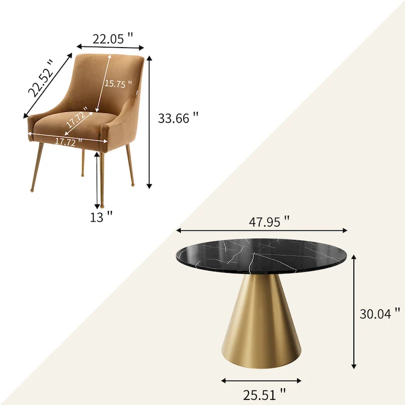Clihome 5 Piece Black Marble Top Table with Velvet Dining Chair Set