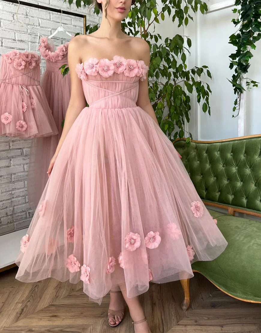 Princess Strapless Light Pink Prom Dress with Flowers