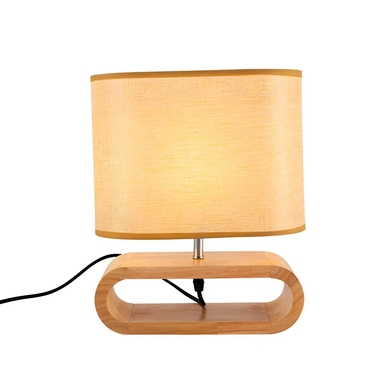 Bedside Wood LED Plug In Table Lamp in Fabric Shade