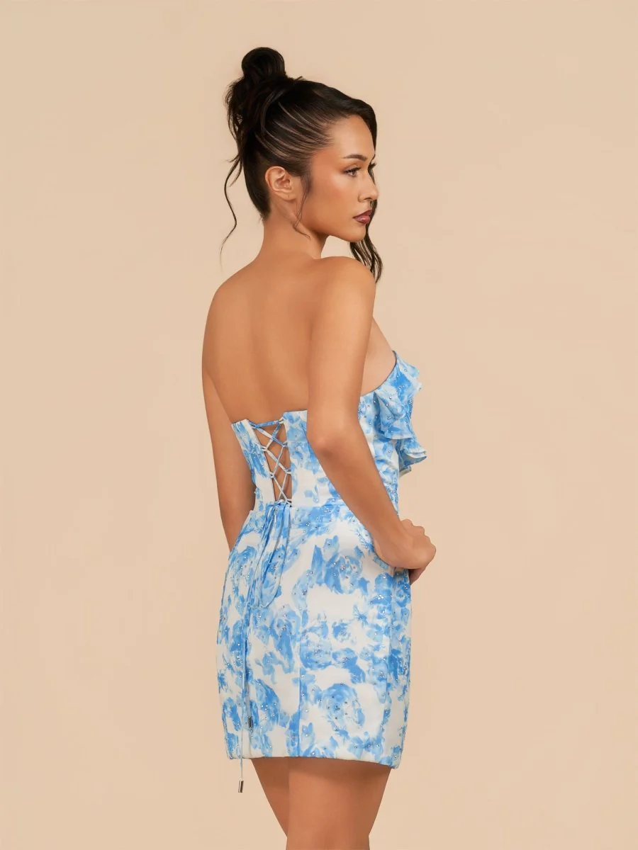 Blue - Sheath Strapless Floral Ruffles Short Homecoming Dresses
