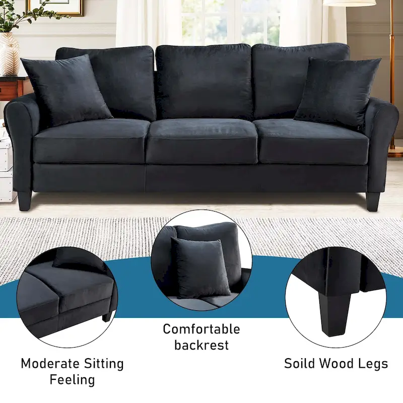 3-Seater Velvet Sofa with 2 Pillows, Black/White/Grey, Wood Frame, 3-Person