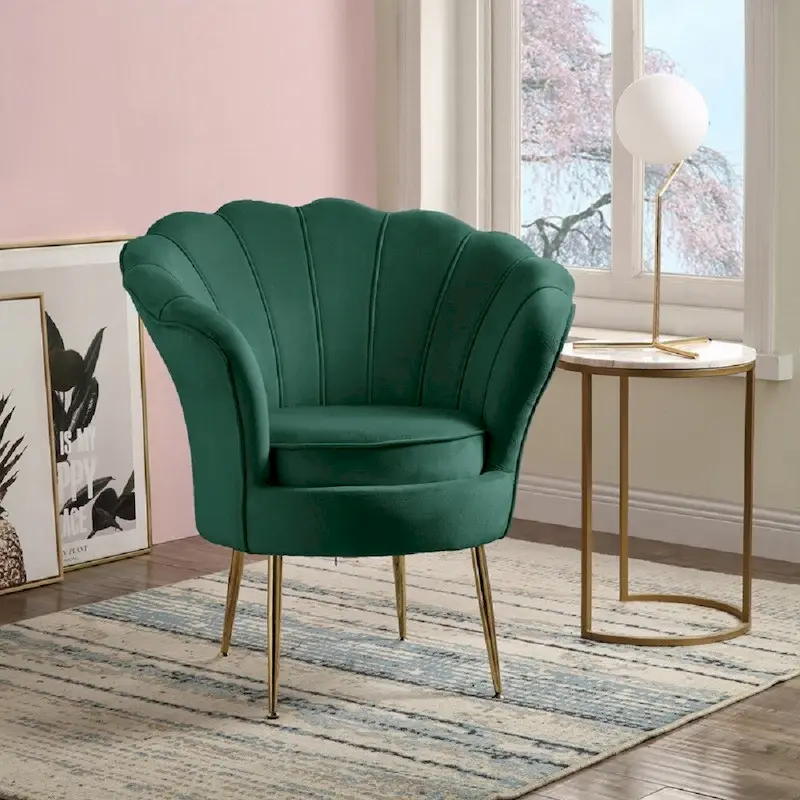 Velvet Scalloped Back Barrel Accent Chair with Metal Legs