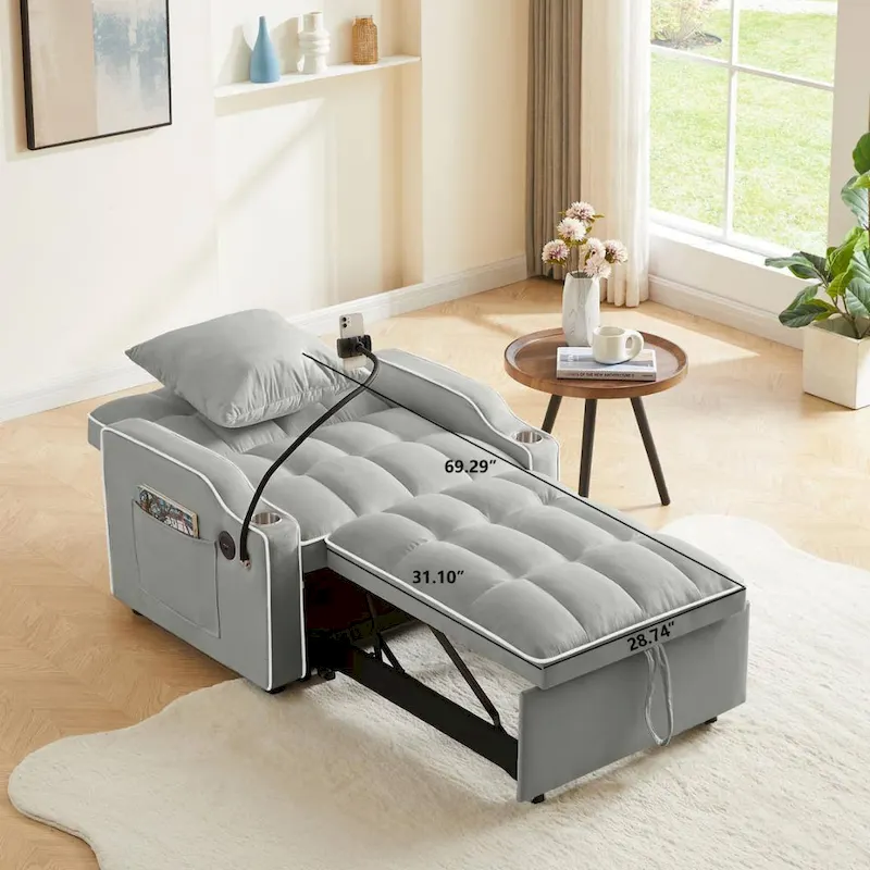 3-in-1 Sofa Bed, Convertible Sleeper Chair Sofa Bed Adjustable Pull Out Sleeper Chair Bed Multi-Pockets Folding Sofa Bed
