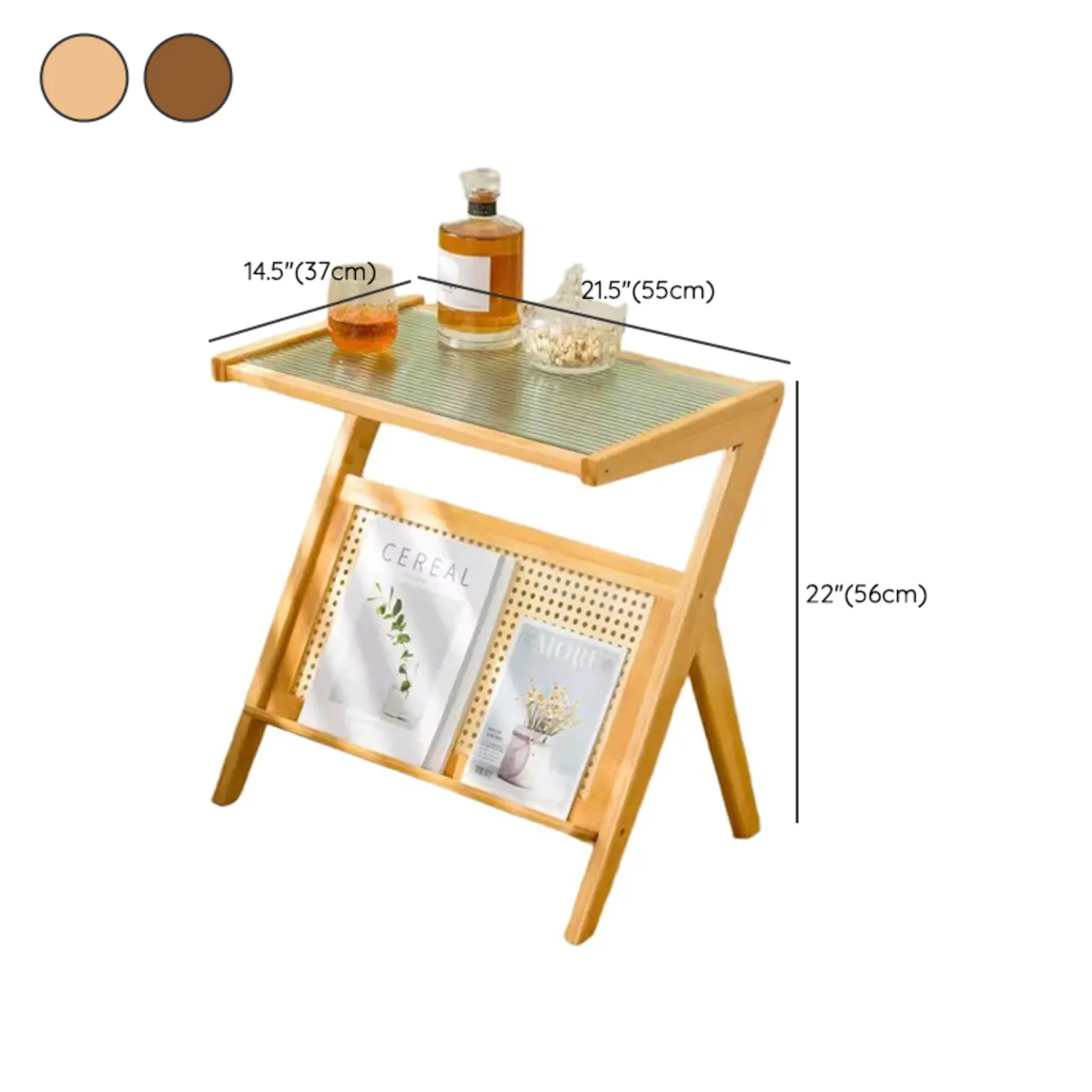 Glass and Wood Modern Foldable End Table with Rack