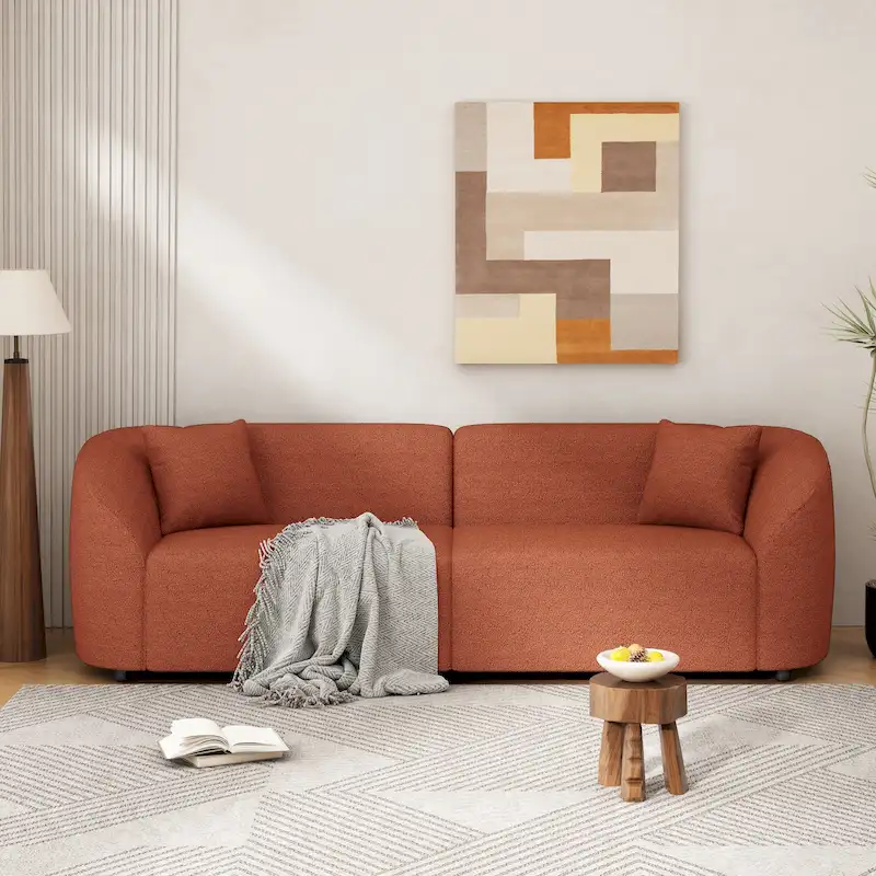 Orange / Beige Boucle Curved Sofa, 3-Seater