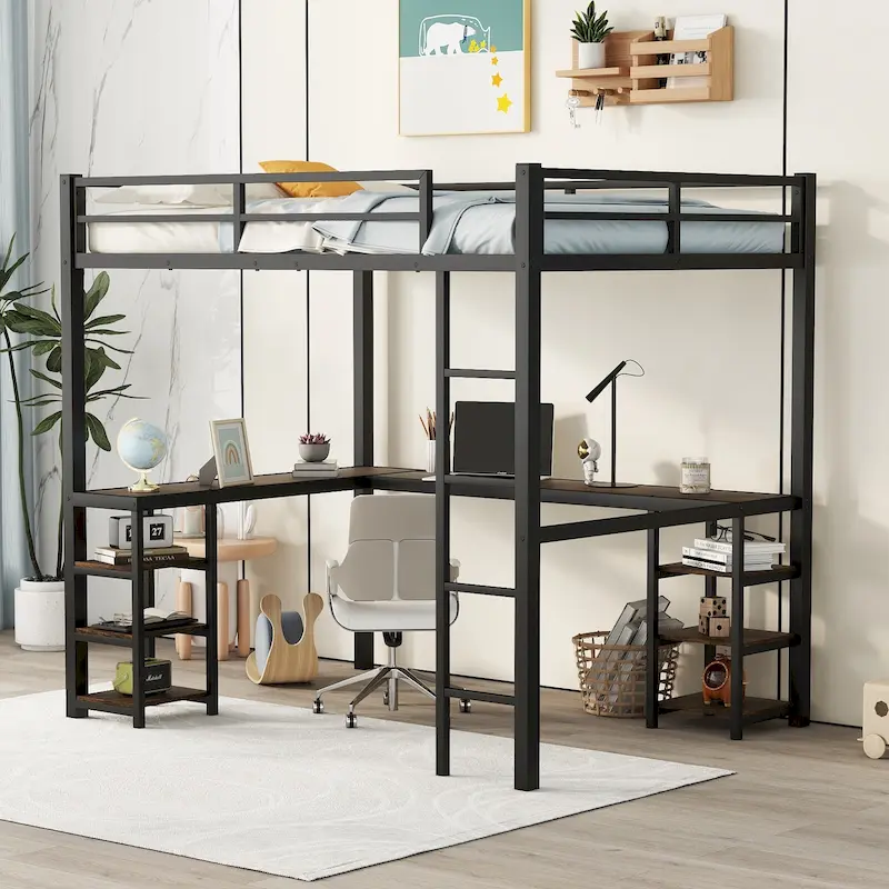 Black Full Metal Loft Bed with L-Shaped Desk, Bookshelves & Full Guardrails
