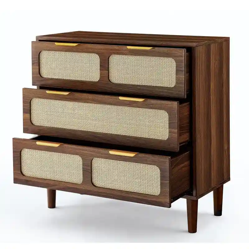 Grondin Mid-Century Modern Boho Style 3 Rattan Drawers Chest with MDF Frame and Solid Wood Legs, Chest of Drawers