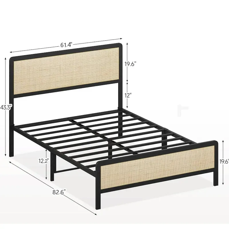 Bed Frame with Rattan Headboard, No Box Spring Needed