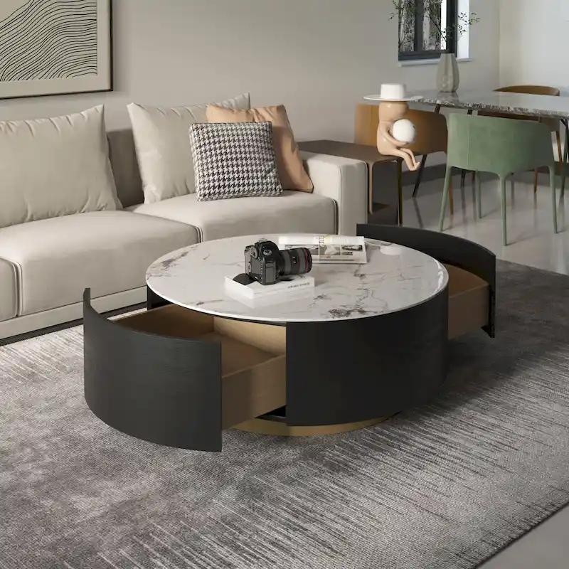 Modern Marble Top Round Coffee Table with Metal Base and 2 Drawers