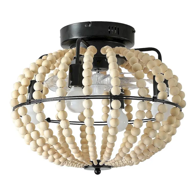 Modern Wooden Beaded Fan Light with Remote, Oak White