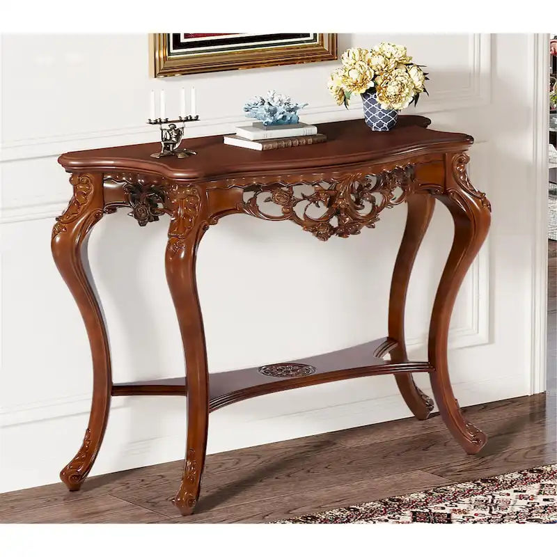 Walnut Two-Tier Carved Console Table with Lower Shelf