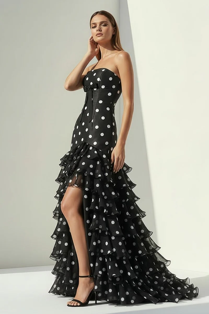 Black Strapless Sheath Polka Dots Chiffon Ruffled Prom Dresses With Bow