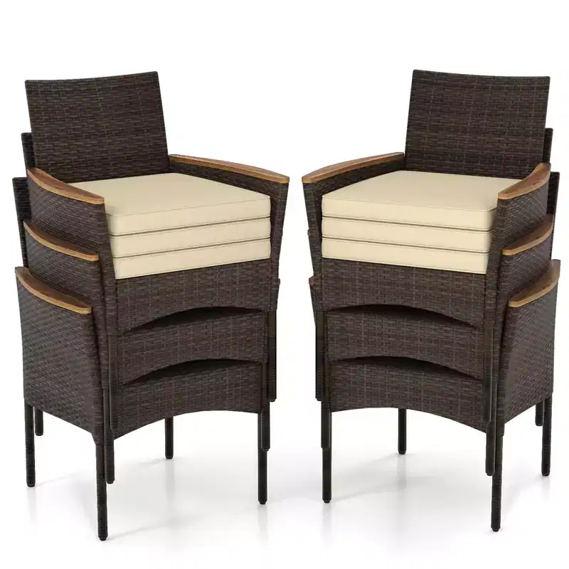 Gymax Patio Wicker Chairs 6 PCS w/Steel Frame & Soft Cushions Armrests Outdoor Mix Brown& Beige