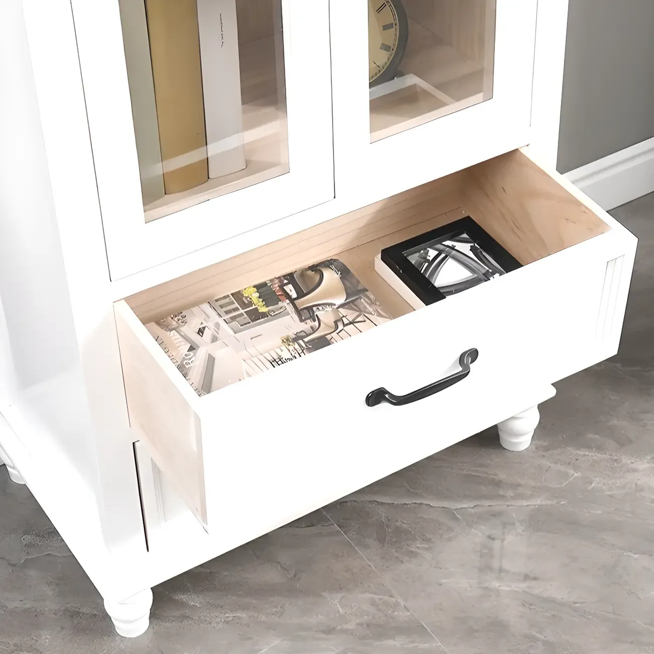 Freestanding Solid Wood White Cabinet with Drawers