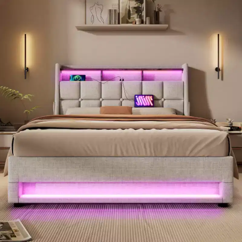 Full size Upholstered Platform bed with a Hydraulic Storage System, LED and USB Charging