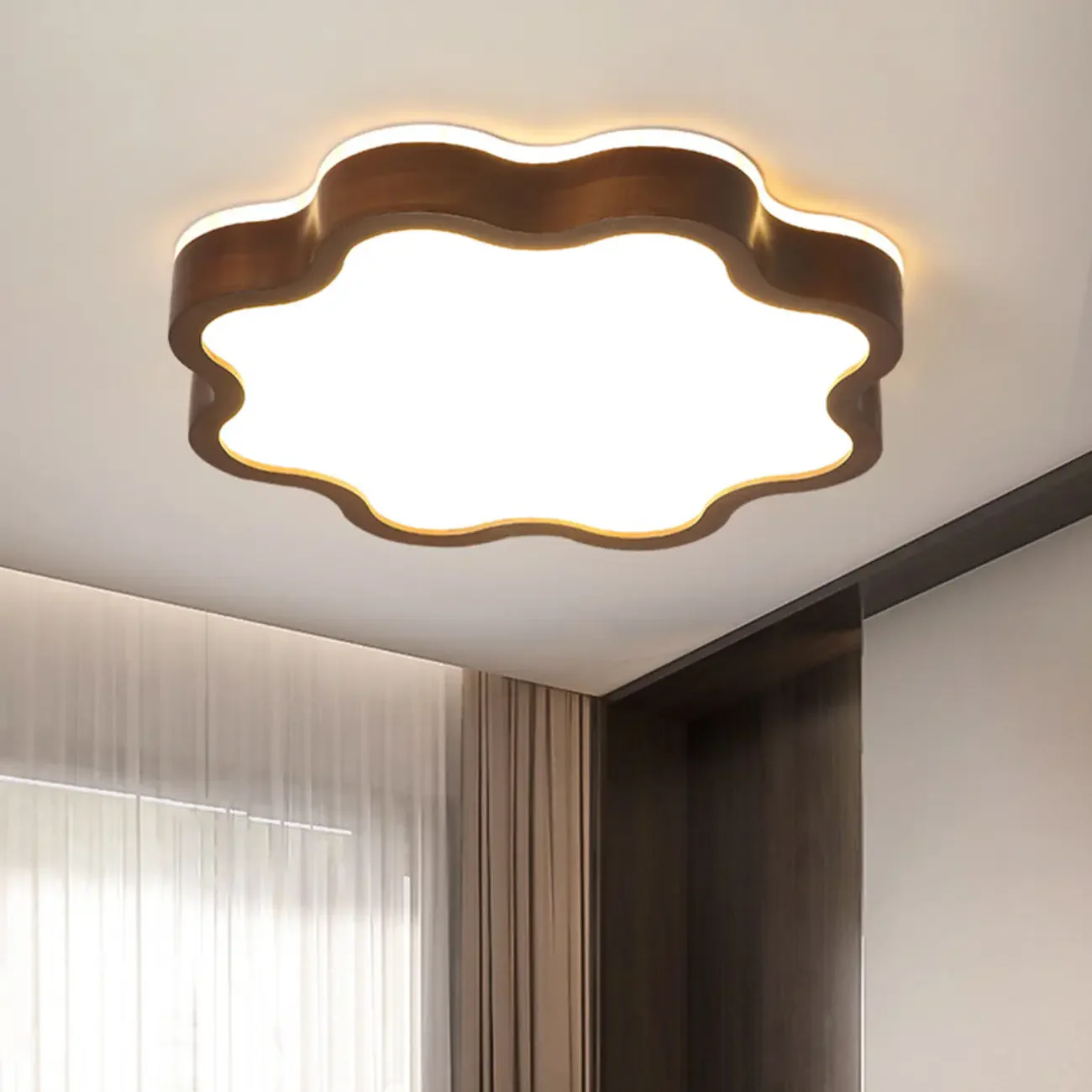 Walnut Wood Floral LED Flush Mount Ceiling Light