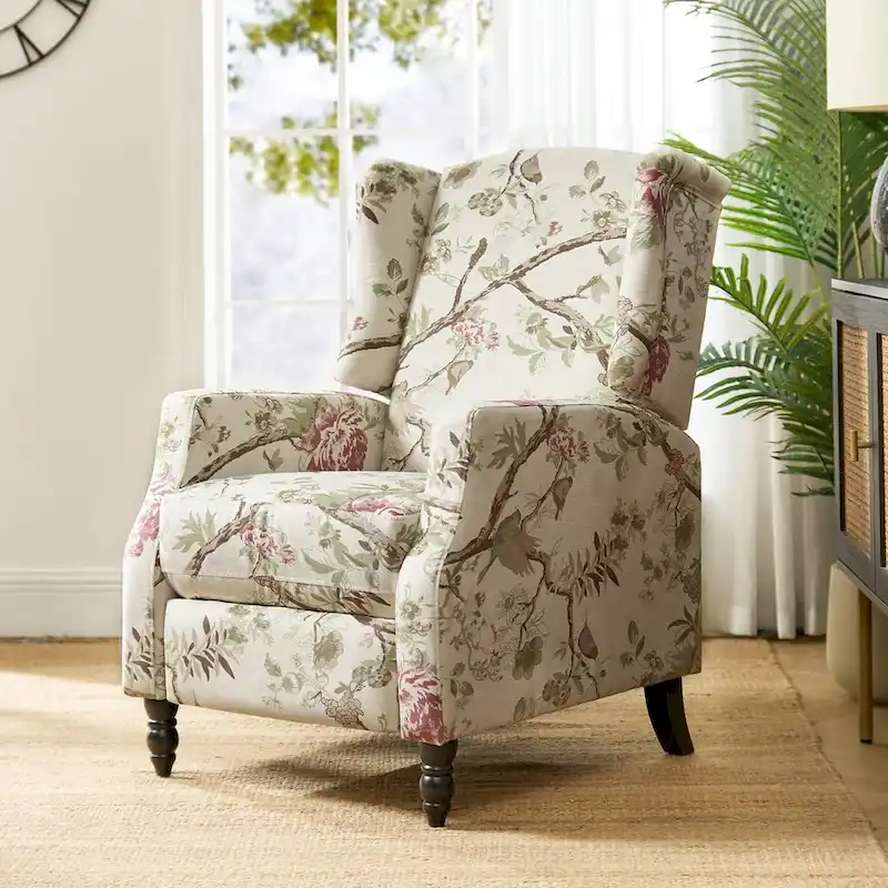 Black / Bird / Red / Blossom / Garden / Leaves / Blue / Indigo / Beige / Navy Mid-Century Wingback Manual Pushback Recliner - Single Use