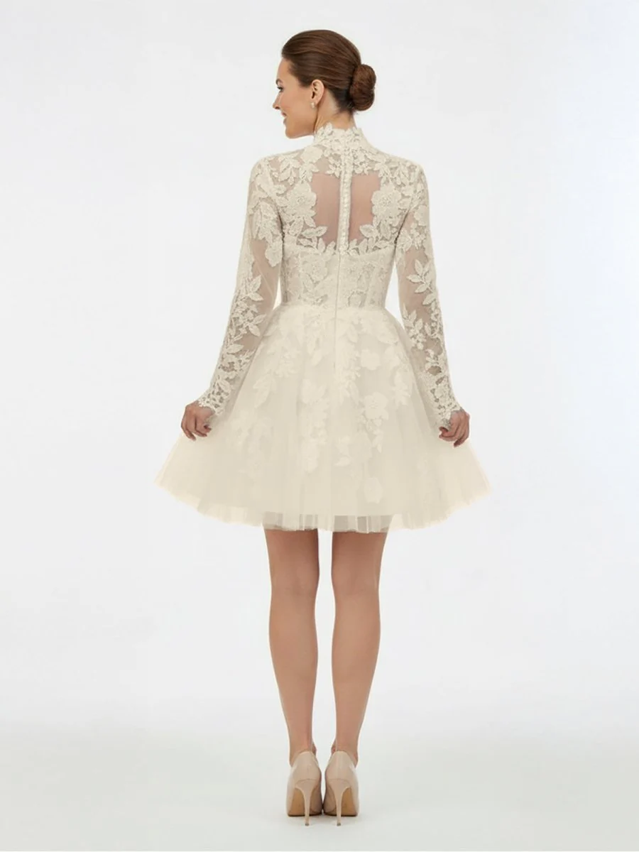 Short White A-Line Illusion Neck Long Sleeves Lace Wedding Dresses