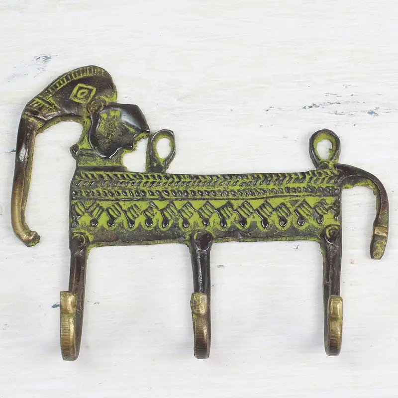 NOVICA Helpful Elephant, Brass coat rack - 6 x 12