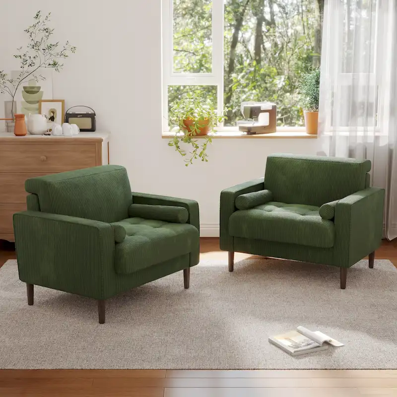 Oversized Corduroy Accent Chair with Button-Tufted Seat, Square Armrests & Tapered Wood Legs – Light Gray / Navy Blue / Green / Beige / Gray / Yellow
