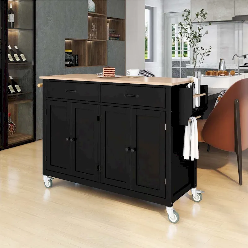 Kitchen Island Cart with Solid Wood Top and Locking Wheels